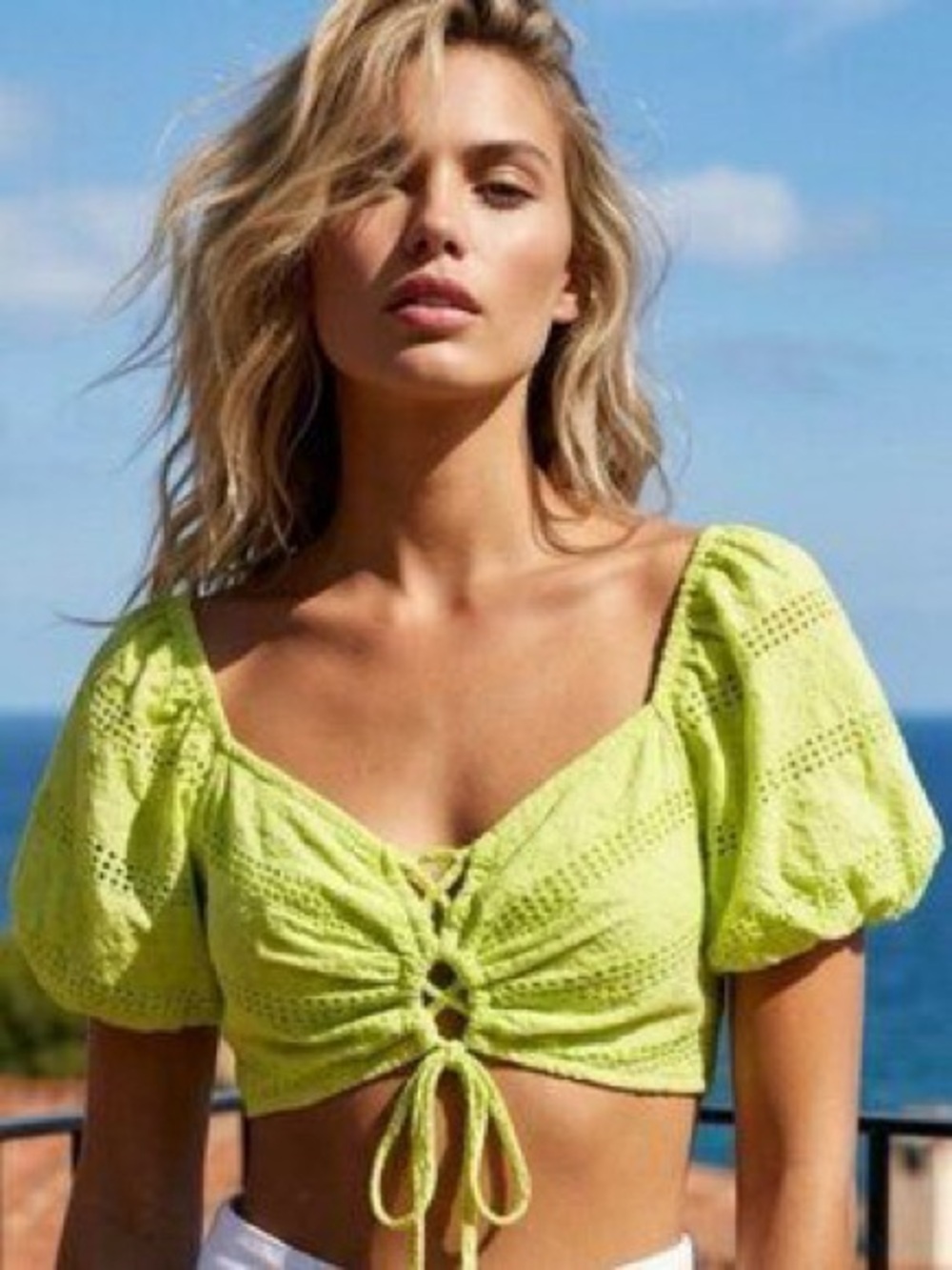 wild fable lime green neon Eyelet Tie-Front Crop Top 100% cotton size M